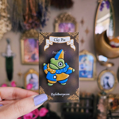 Handmade Jester Frog Clay Pins
