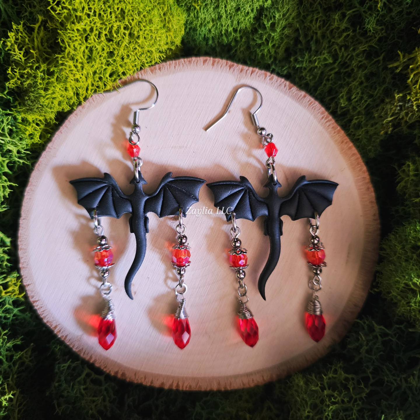 Black and Red Beaded Dragon Handmade Clay Earrings