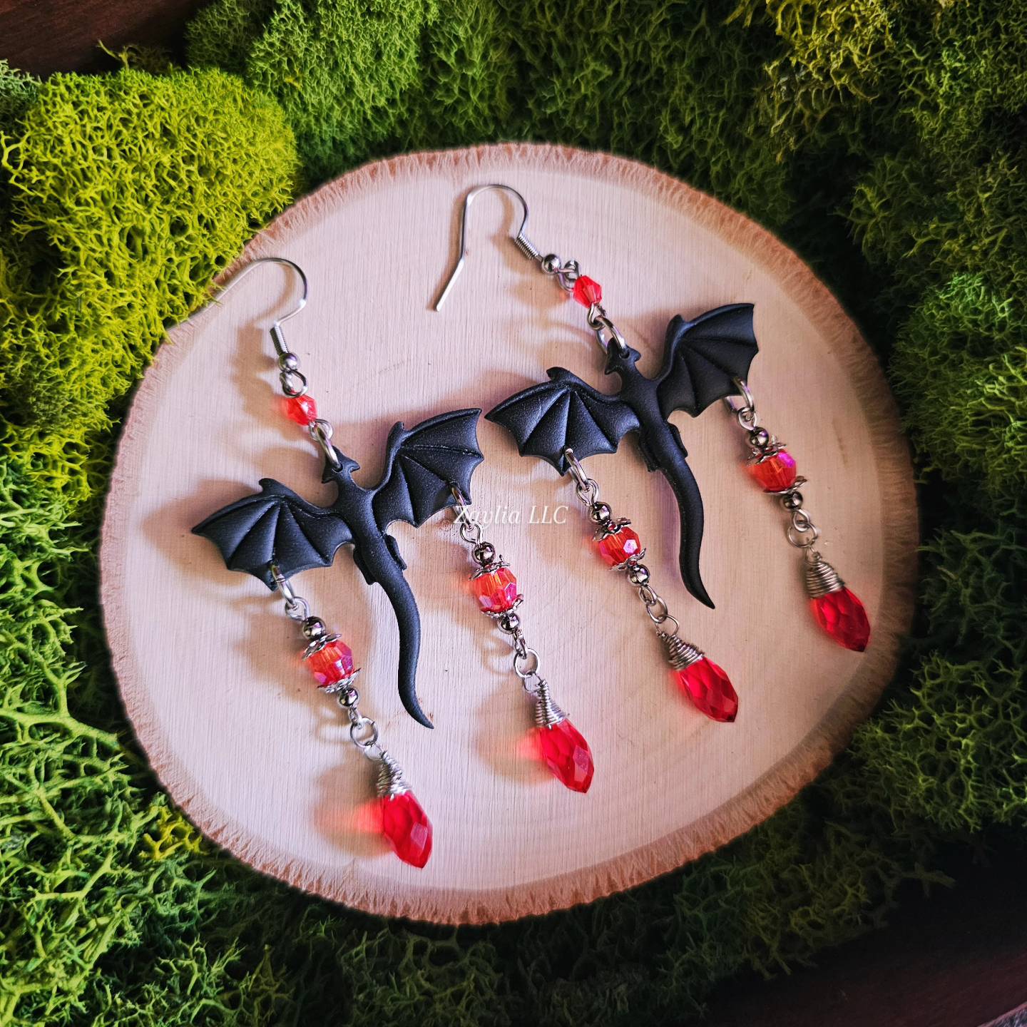 Black and Red Beaded Dragon Handmade Clay Earrings