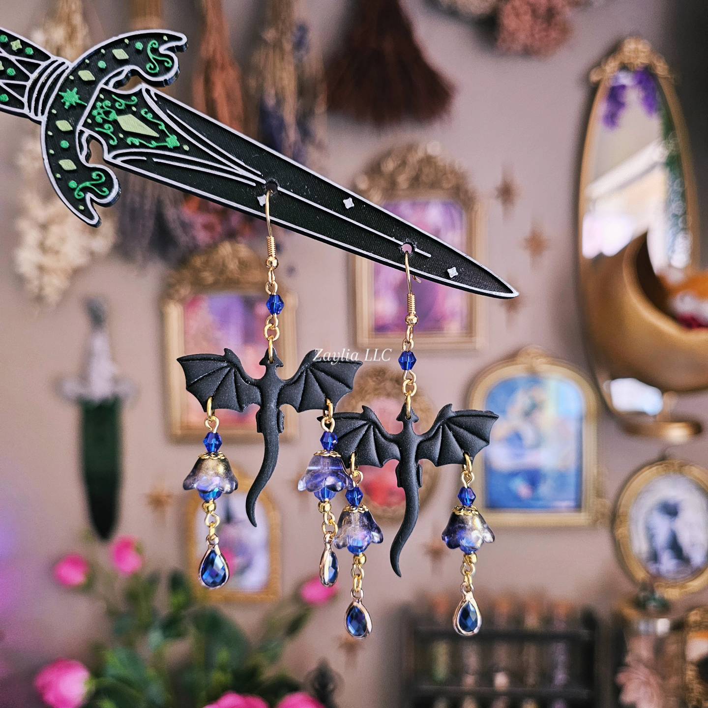 Black and Blue Beaded Dragon Handmade Clay Earrings