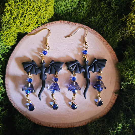 Black and Blue Beaded Dragon Handmade Clay Earrings
