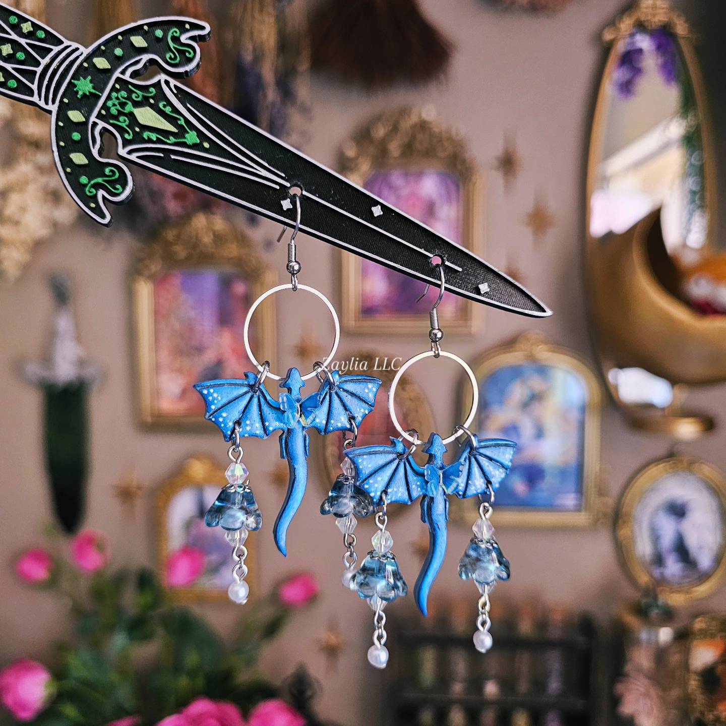 Blue Beaded Dragon Handmade Clay Earrings