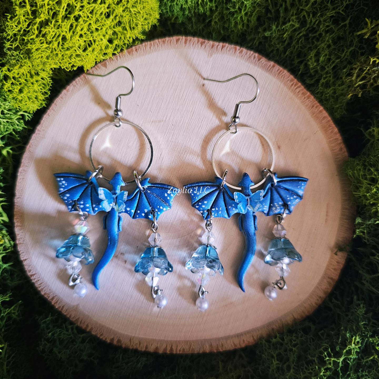 Blue Beaded Dragon Handmade Clay Earrings