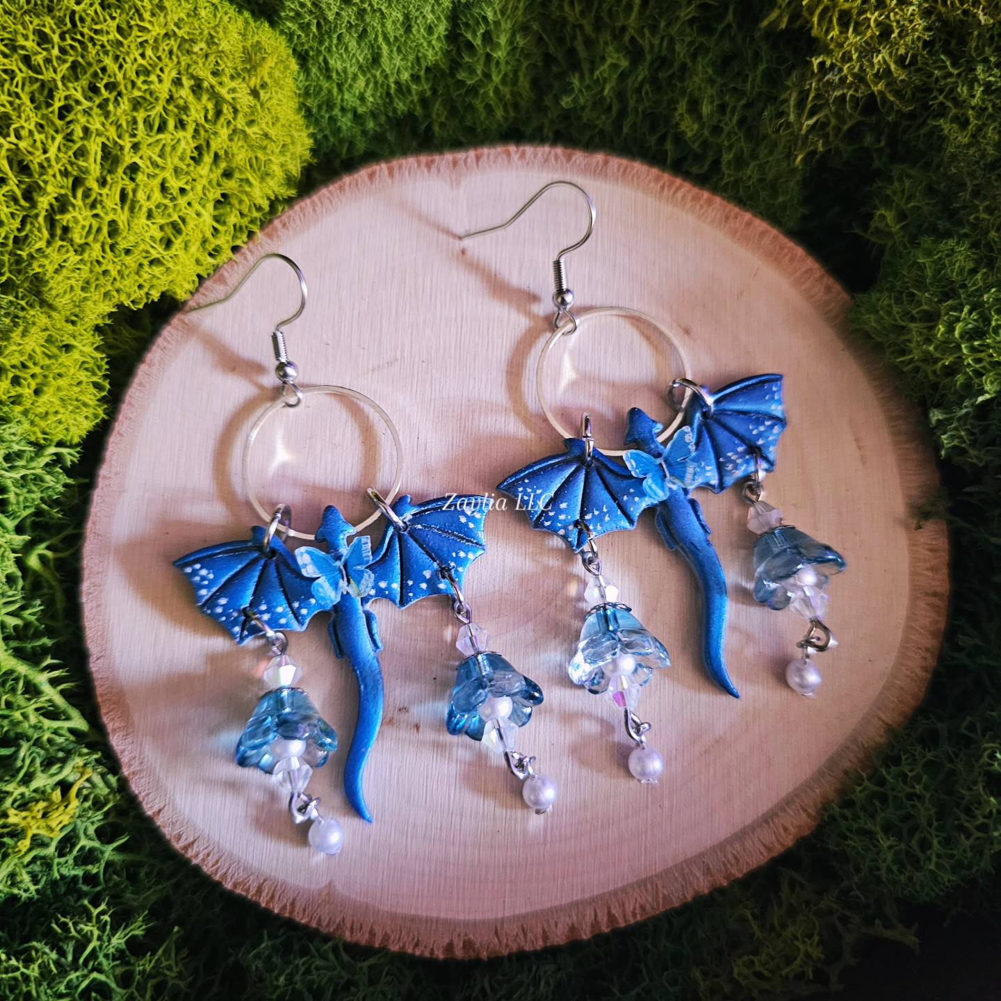 Blue Beaded Dragon Handmade Clay Earrings