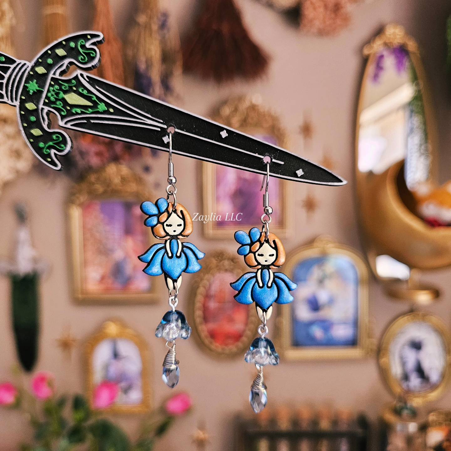 Blue Floral Girl Handmade Clay Earrings