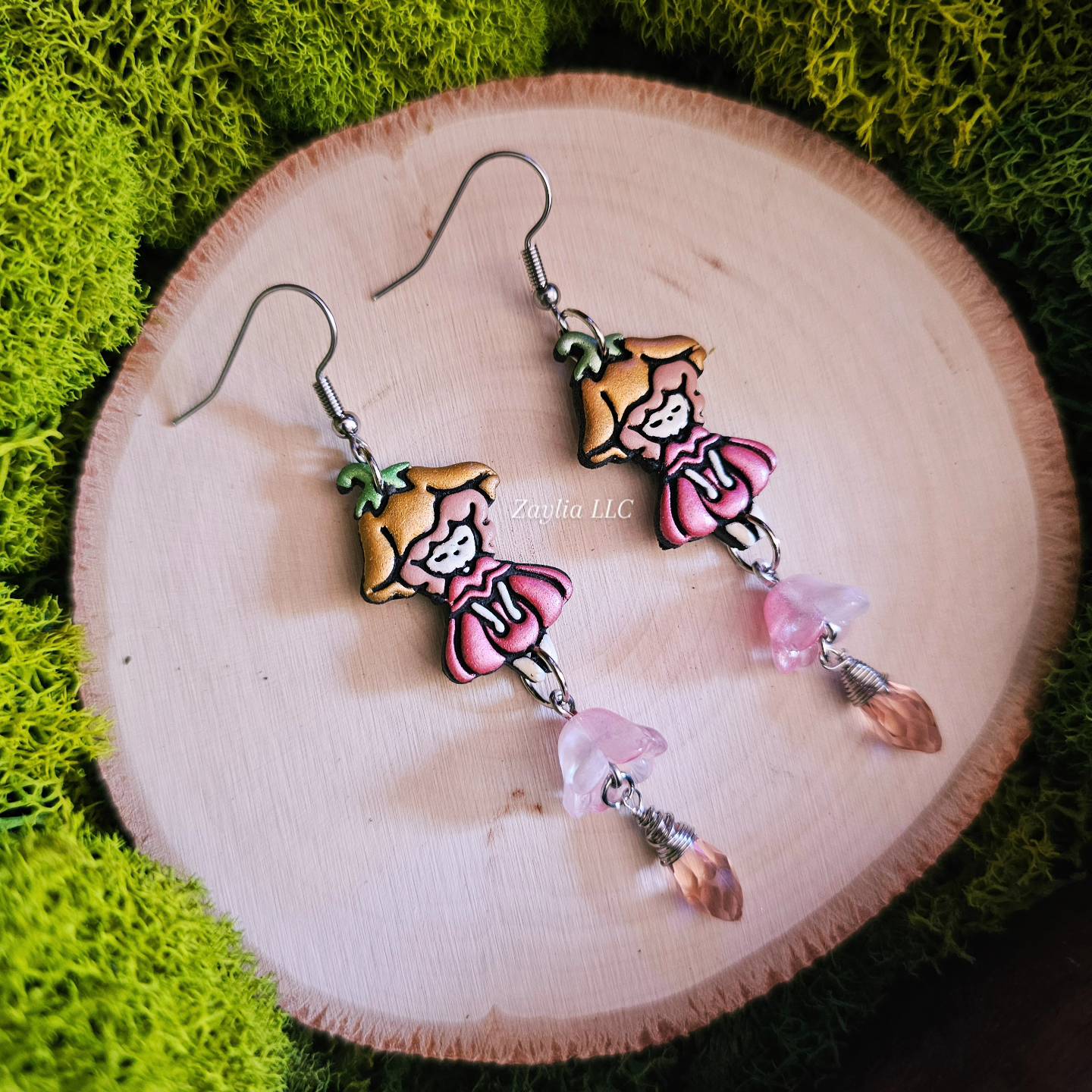 Pink Floral Girl Handmade Clay Earrings