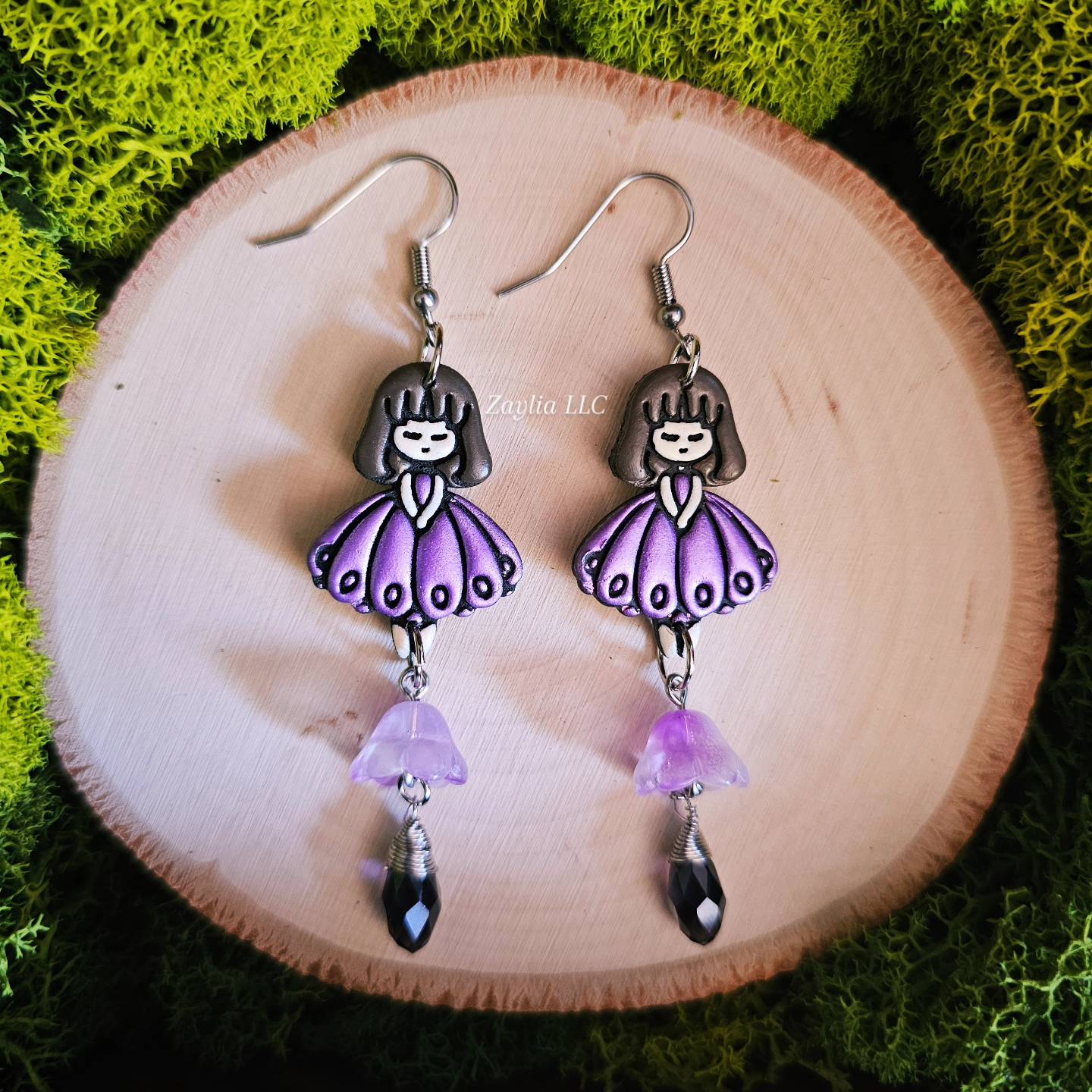 Purple Floral Girl Handmade Clay Earrings