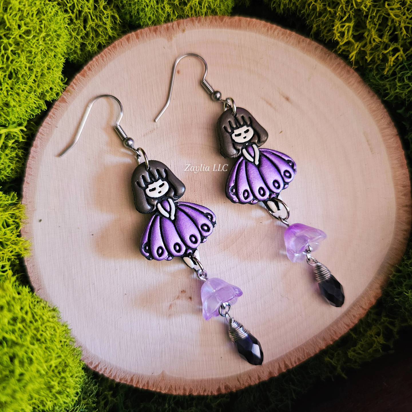 Purple Floral Girl Handmade Clay Earrings