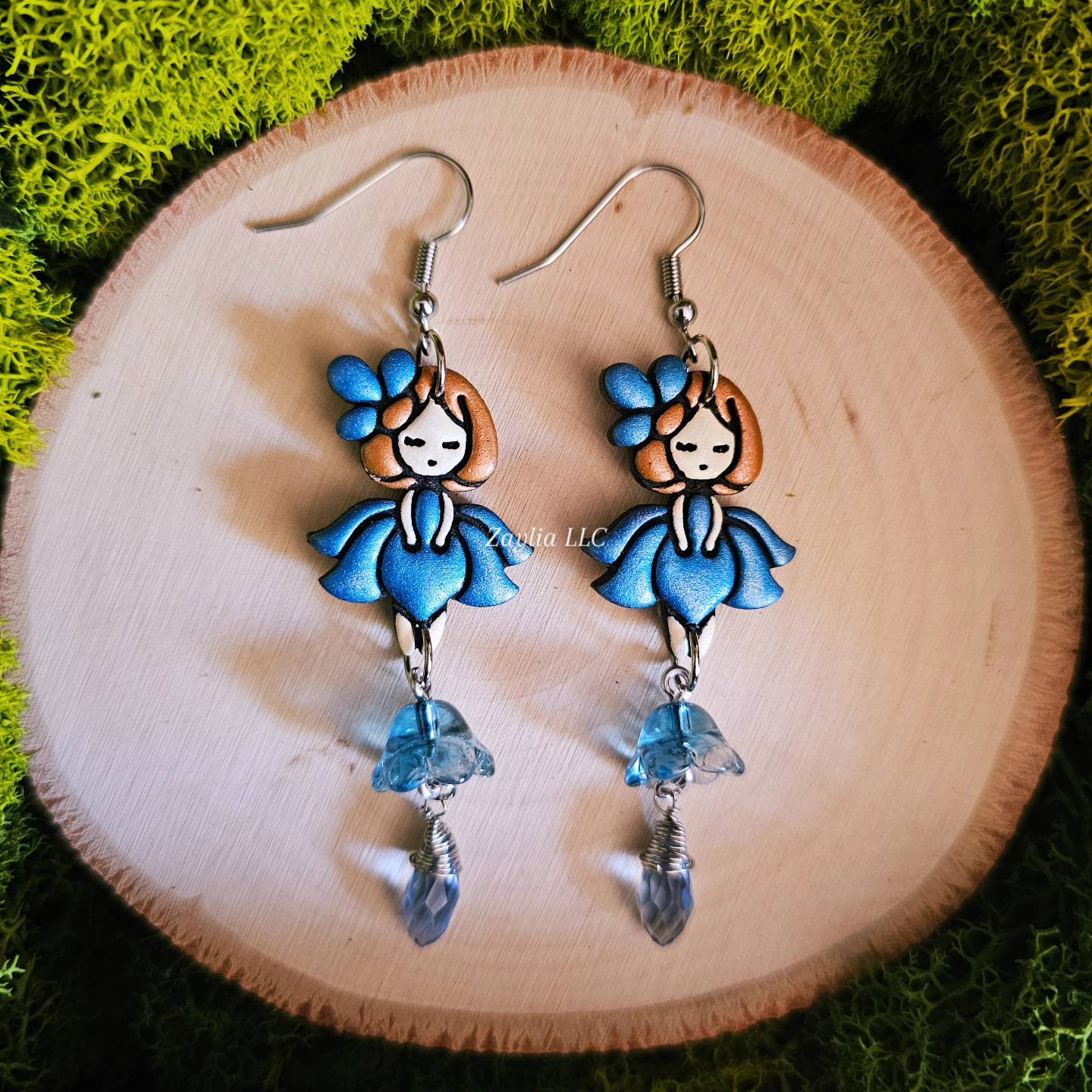 Blue Floral Girl Handmade Clay Earrings