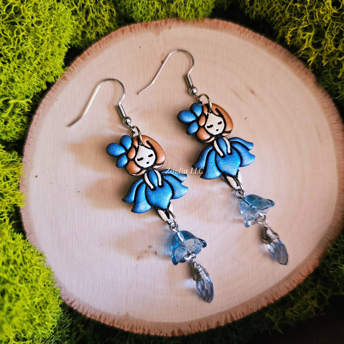 Blue Floral Girl Handmade Clay Earrings