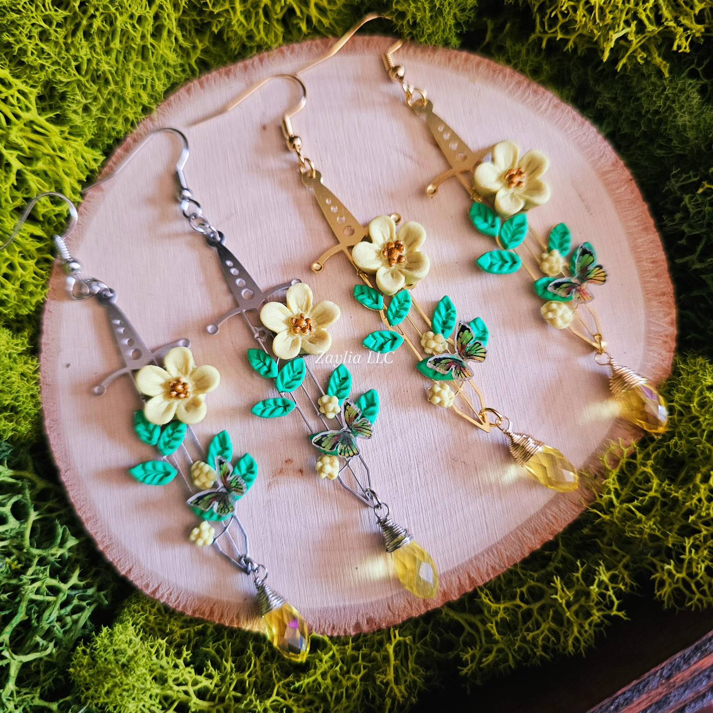 Yellow Blossom Floral Sword Handmade Clay Earrings