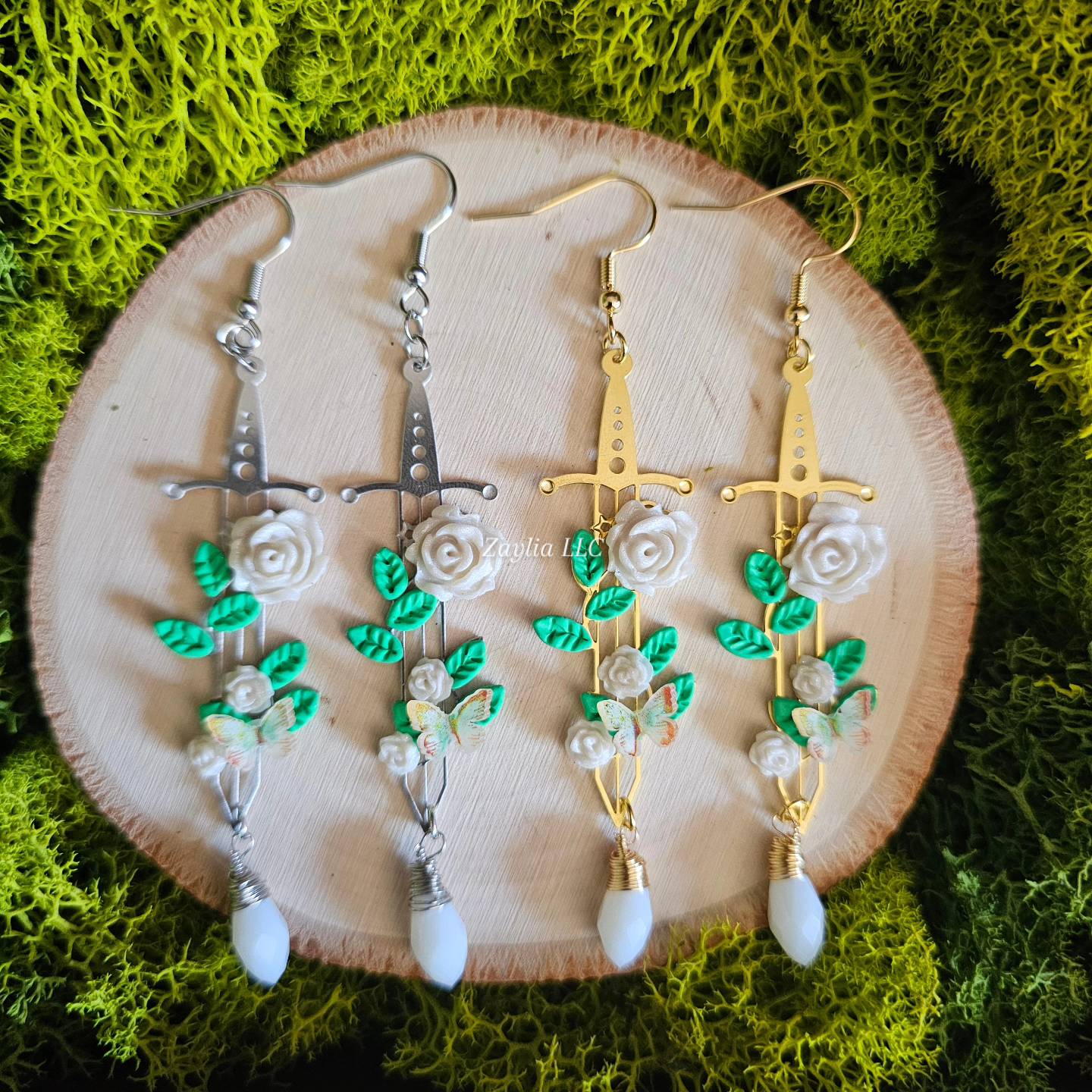 White Rose Floral Sword Handmade Clay Earrings