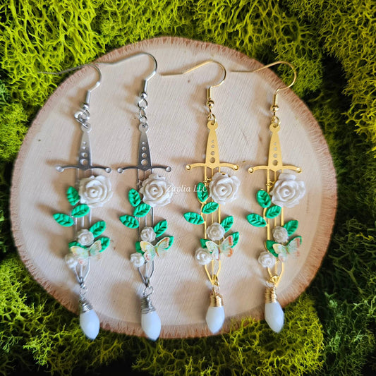 White Rose Floral Sword Handmade Clay Earrings