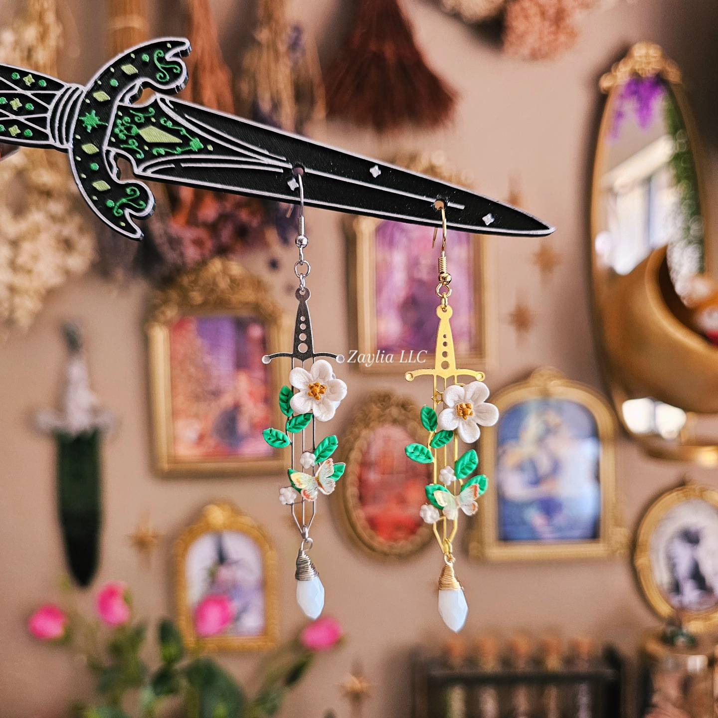 White Blossom Floral Sword Handmade Clay Earrings