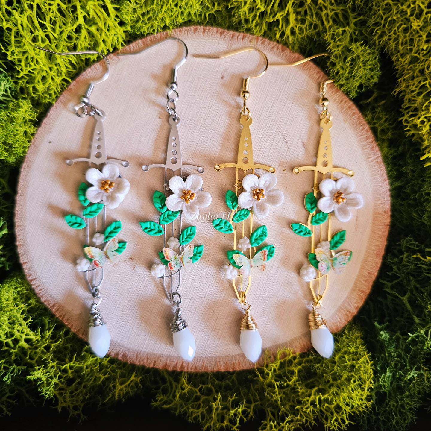 White Blossom Floral Sword Handmade Clay Earrings