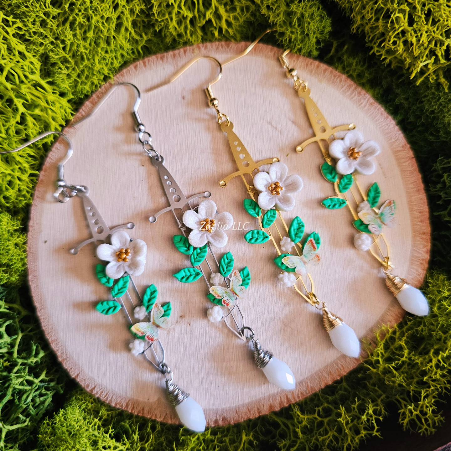 White Blossom Floral Sword Handmade Clay Earrings