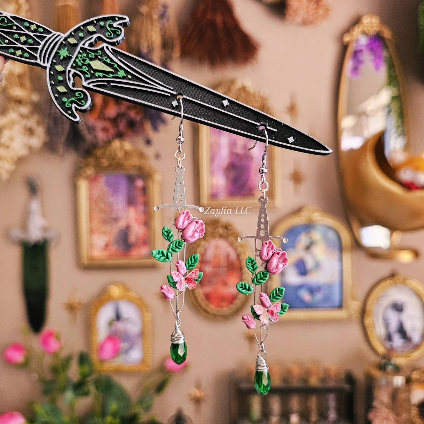 Pink Tulip Floral Silver Sword Handmade Clay Earrings