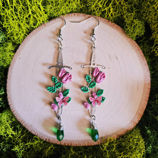 Pink Tulip Floral Silver Sword Handmade Clay Earrings