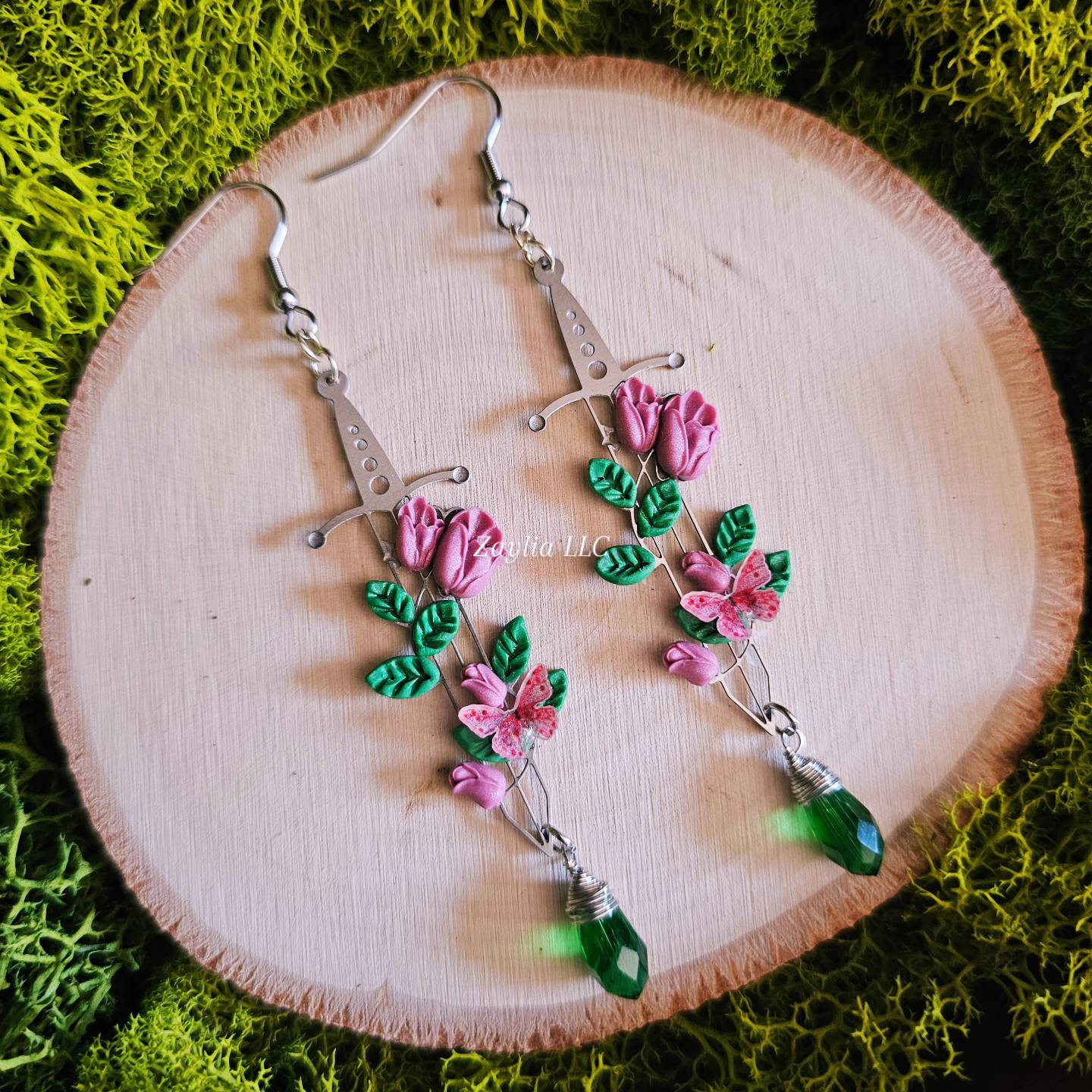 Pink Tulip Floral Silver Sword Handmade Clay Earrings